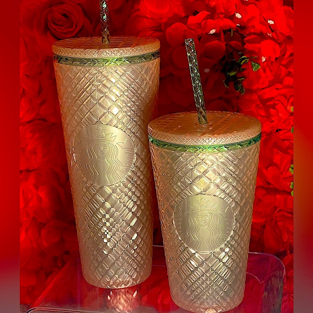 NEW SET🍑Starbucks 2023 Summer💎Pearl Peach Jeweled Tumblers, Venti & Grande NWT